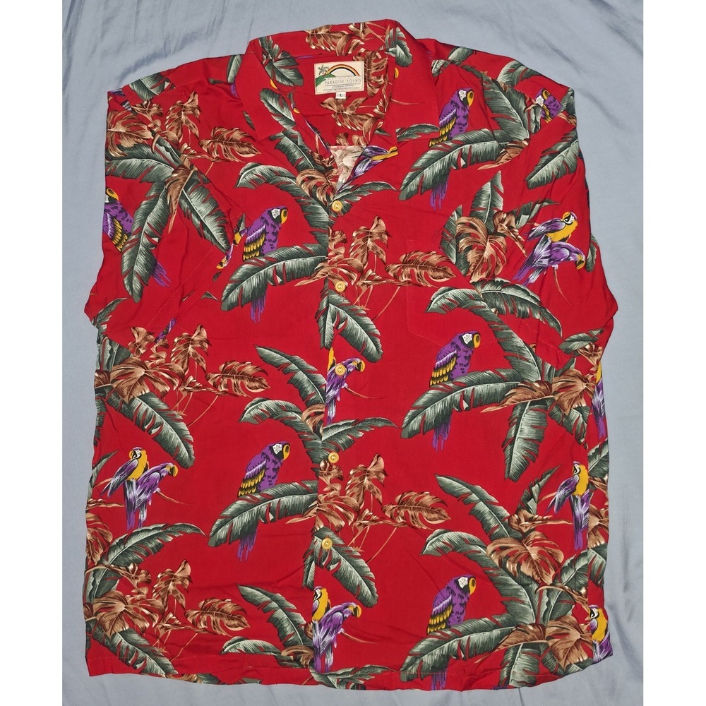 Vtg Paradise Found Hawaiian Aloha Shirt Purple Parrots Men L Magnum PI Red